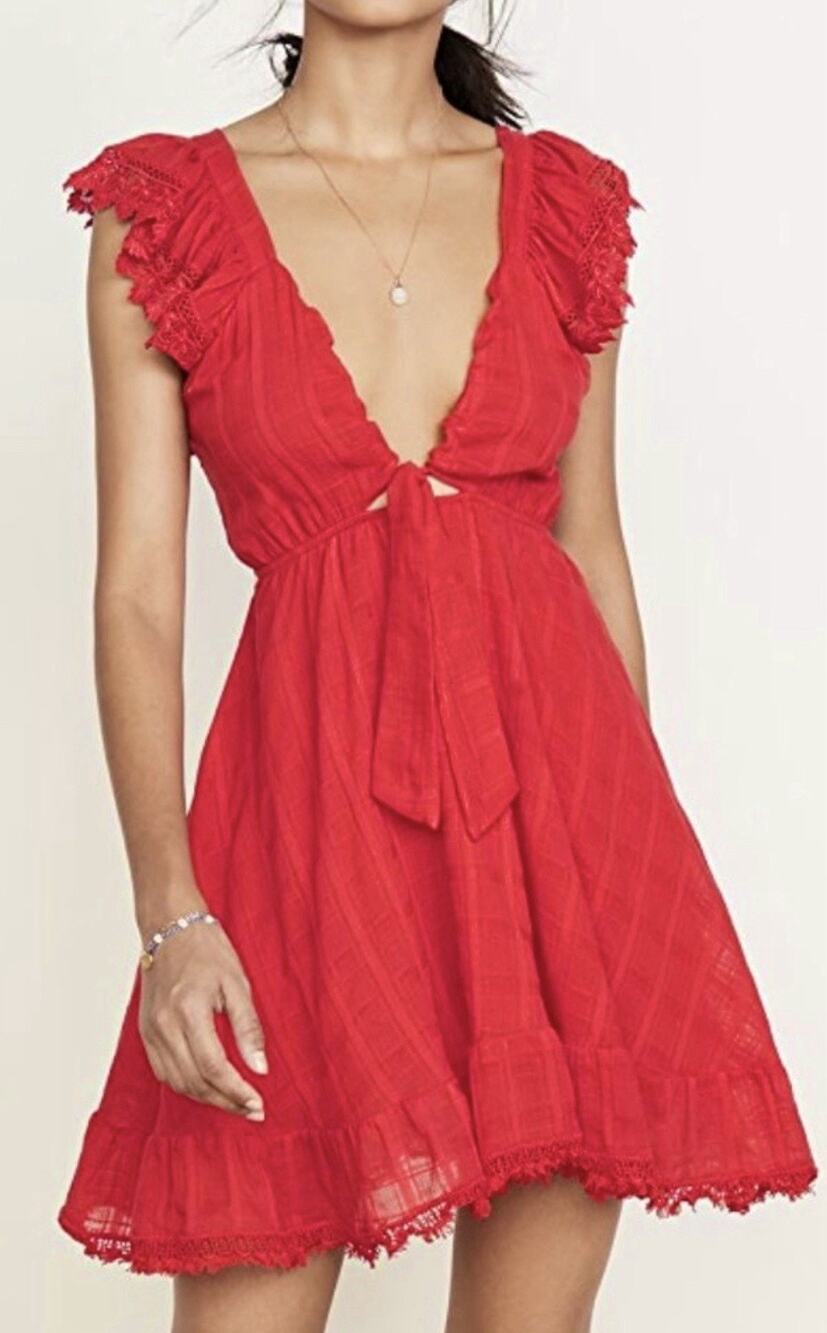 Peixoto Anthropologie Farrah Mini Dress — XS Cherry Red Cover-up Deep V Tie
